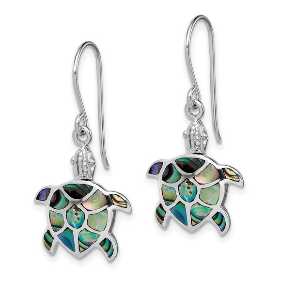 925 Sterling Silver Rhodium-plated Polished Abalone Turtle Dangle Earrings - Picture 2 of 4